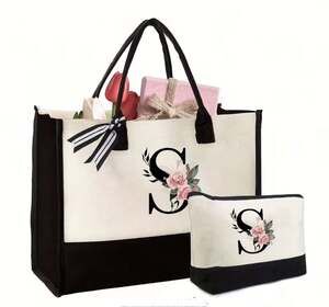 Narwey Personalized S  Initial Canvas Tote Bag set